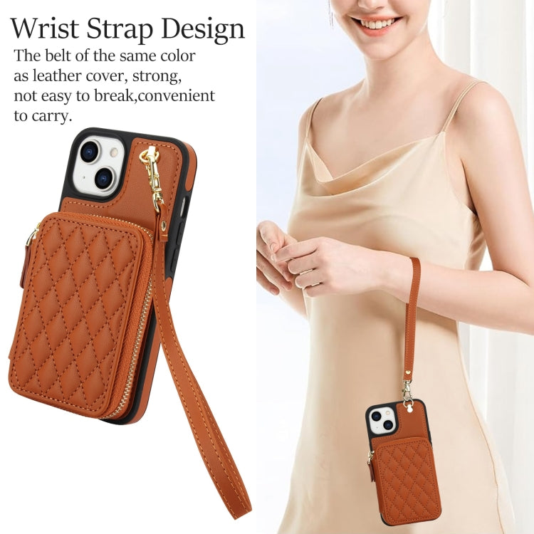 For iPhone 11 AwQuer Crossbody Zipper Wallet Rhombic Leather Back Phone Case(Brown)