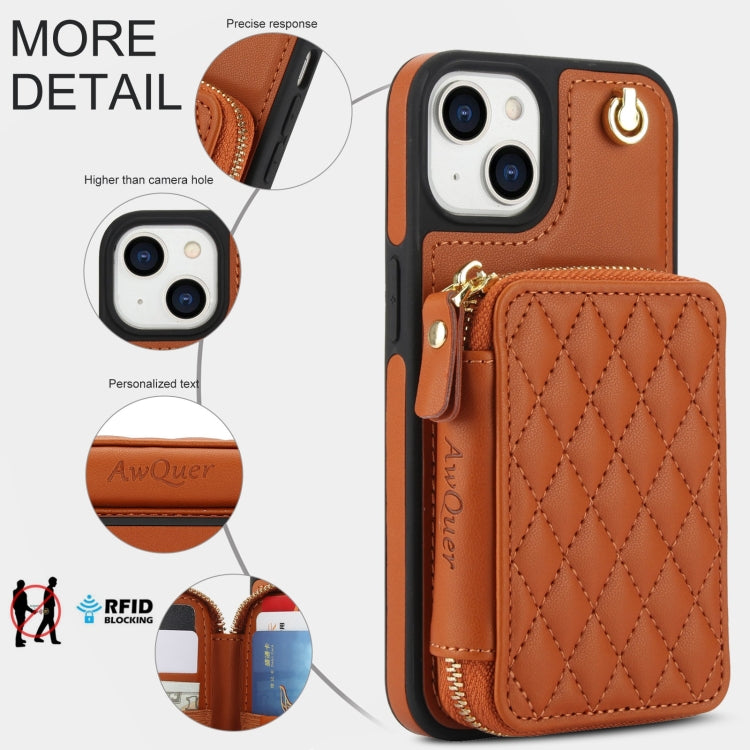 For iPhone 11 AwQuer Crossbody Zipper Wallet Rhombic Leather Back Phone Case(Brown)