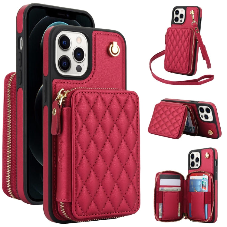 For iPhone 11 Pro AwQuer Crossbody Zipper Wallet Rhombic Leather Back Phone Case(Red)