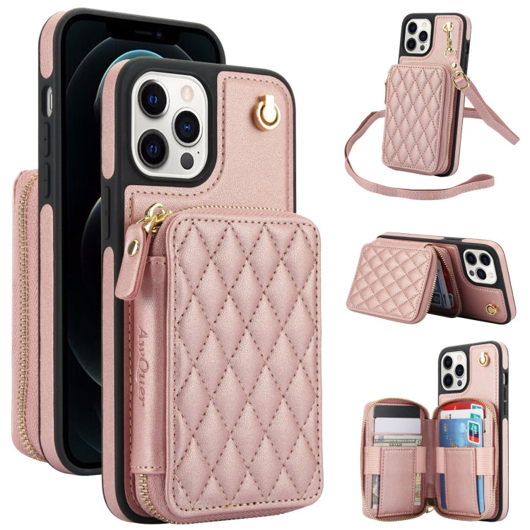 For iPhone 11 Pro AwQuer Crossbody Zipper Wallet Rhombic Leather Back Phone Case(Rose Gold)
