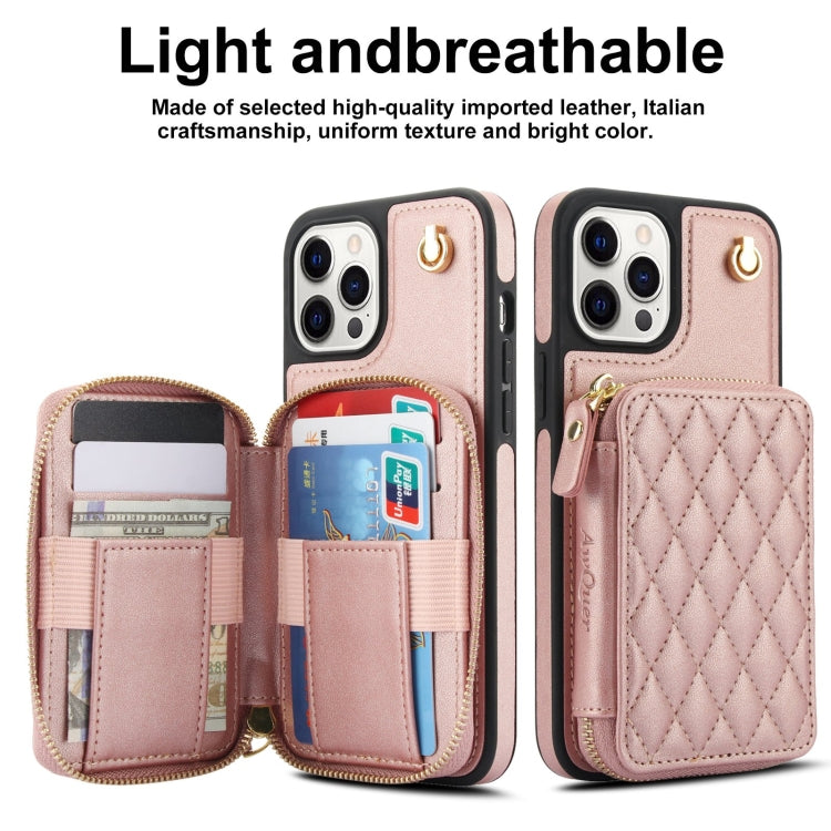 For iPhone 11 Pro AwQuer Crossbody Zipper Wallet Rhombic Leather Back Phone Case(Rose Gold)