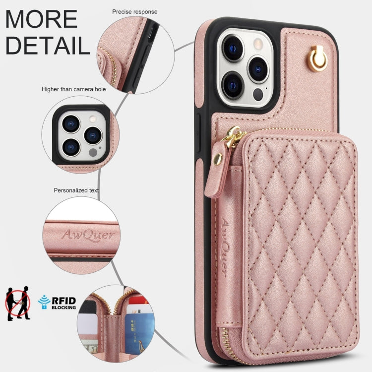 For iPhone 11 Pro AwQuer Crossbody Zipper Wallet Rhombic Leather Back Phone Case(Rose Gold)