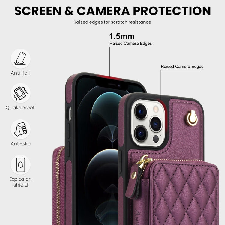For iPhone 11 Pro AwQuer Crossbody Zipper Wallet Rhombic Leather Back Phone Case(Dark Purple)