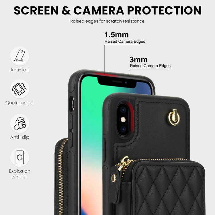 For iPhone X / XS AwQuer Crossbody Zipper Wallet Rhombic Leather Back Phone Case(Black)