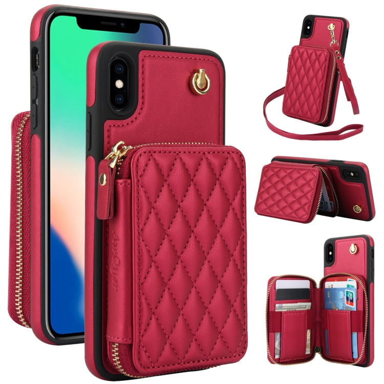 For iPhone X / XS AwQuer Crossbody Zipper Wallet Rhombic Leather Back Phone Case(Red)