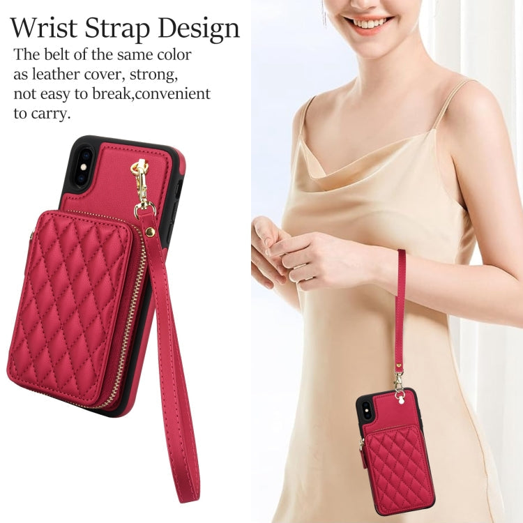 For iPhone X / XS AwQuer Crossbody Zipper Wallet Rhombic Leather Back Phone Case(Red)