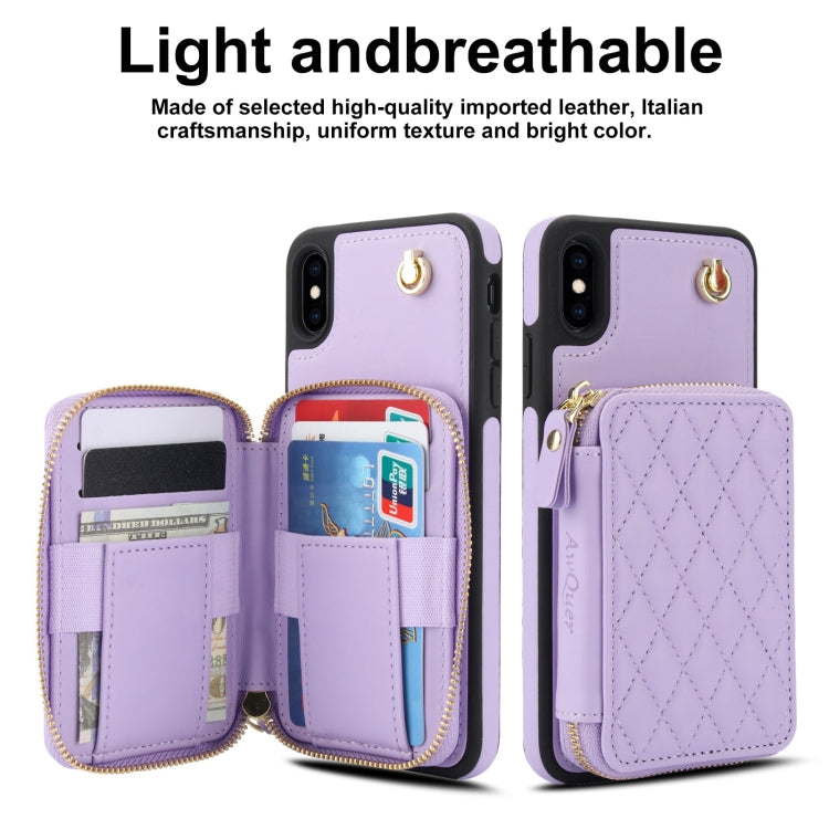 For iPhone X / XS AwQuer Crossbody Zipper Wallet Rhombic Leather Back Phone Case(Purple)