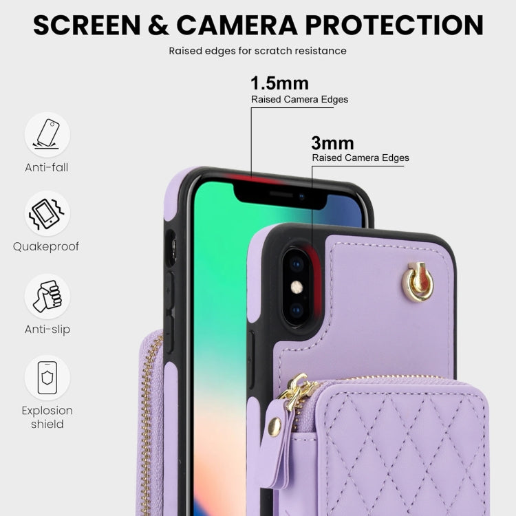 For iPhone X / XS AwQuer Crossbody Zipper Wallet Rhombic Leather Back Phone Case(Purple)