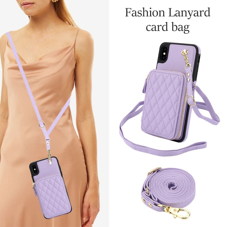 For iPhone X / XS AwQuer Crossbody Zipper Wallet Rhombic Leather Back Phone Case(Purple)