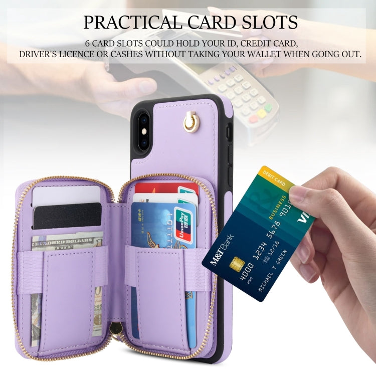 For iPhone X / XS AwQuer Crossbody Zipper Wallet Rhombic Leather Back Phone Case(Purple)