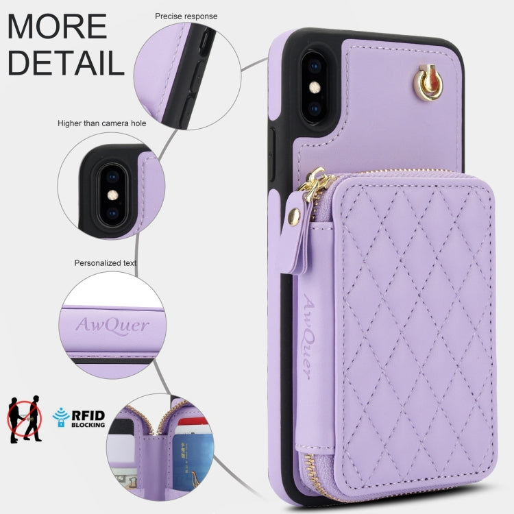 For iPhone X / XS AwQuer Crossbody Zipper Wallet Rhombic Leather Back Phone Case(Purple)