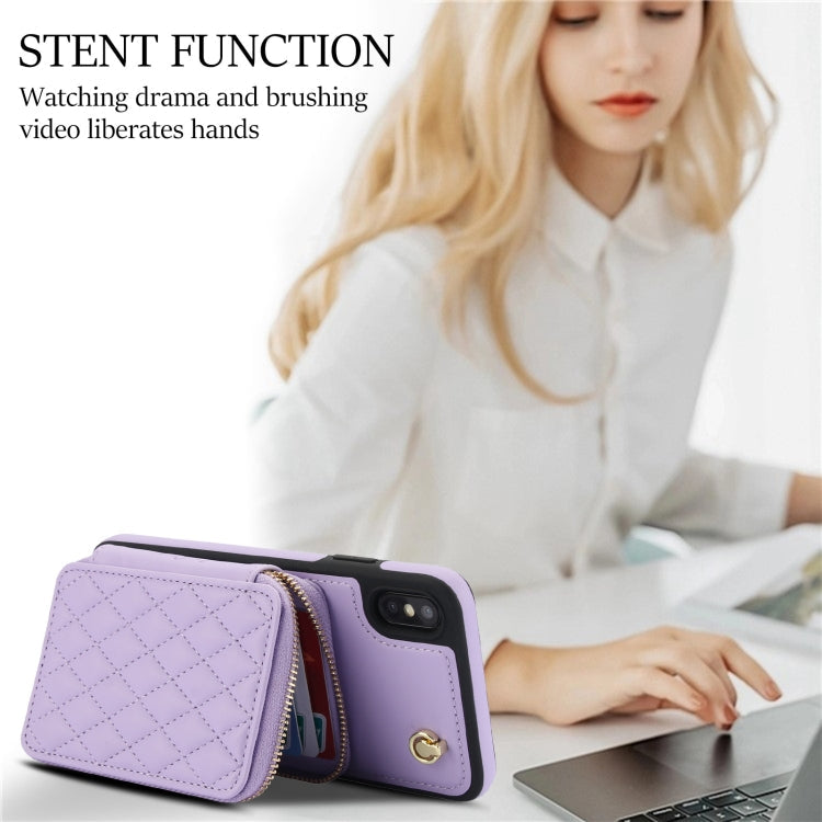 For iPhone X / XS AwQuer Crossbody Zipper Wallet Rhombic Leather Back Phone Case(Purple)
