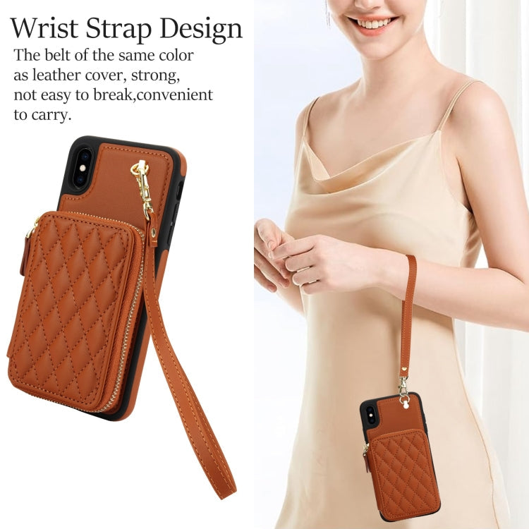 For iPhone X / XS AwQuer Crossbody Zipper Wallet Rhombic Leather Back Phone Case(Brown)