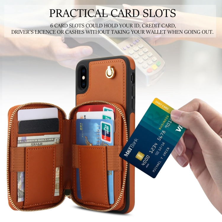 For iPhone X / XS AwQuer Crossbody Zipper Wallet Rhombic Leather Back Phone Case(Brown)