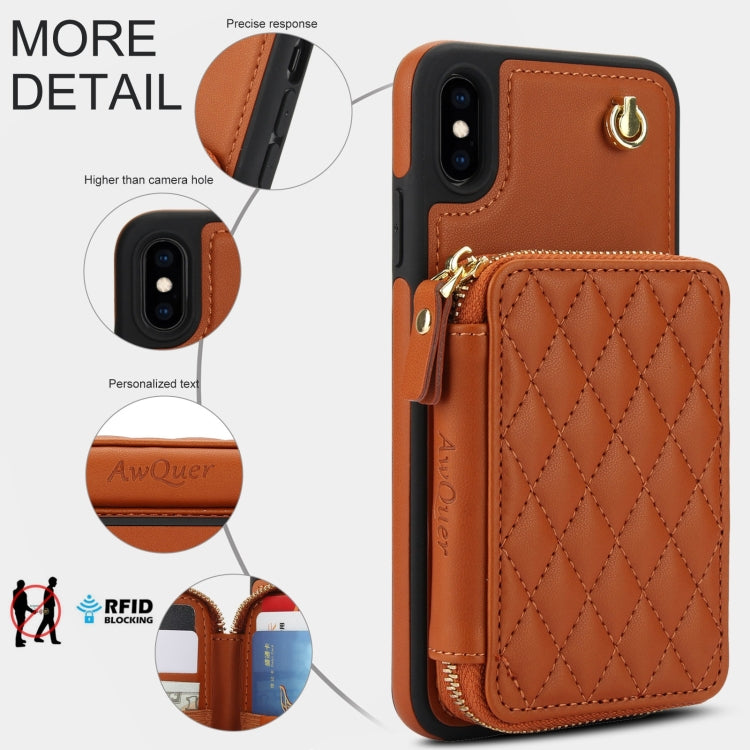 For iPhone X / XS AwQuer Crossbody Zipper Wallet Rhombic Leather Back Phone Case(Brown)