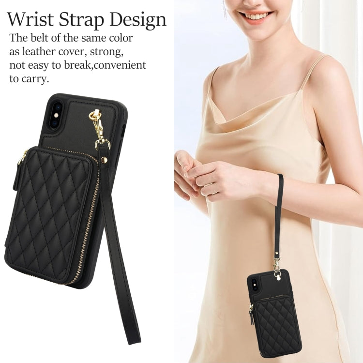 For iPhone XR AwQuer Crossbody Zipper Wallet Rhombic Leather Back Phone Case(Black)
