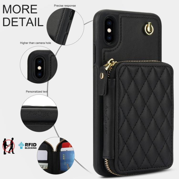 For iPhone XR AwQuer Crossbody Zipper Wallet Rhombic Leather Back Phone Case(Black)