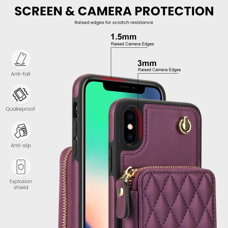 For iPhone XR AwQuer Crossbody Zipper Wallet Rhombic Leather Back Phone Case(Dark Purple)