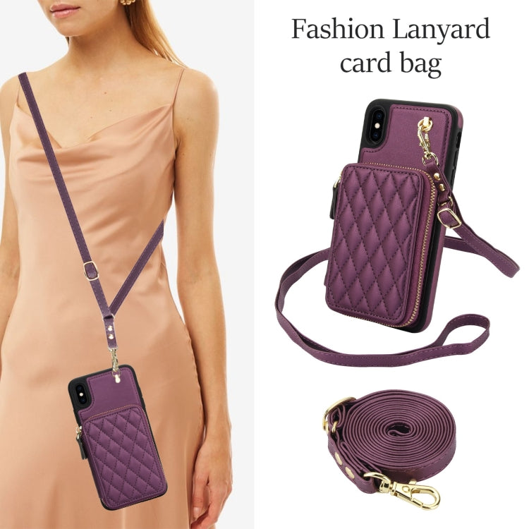 For iPhone XR AwQuer Crossbody Zipper Wallet Rhombic Leather Back Phone Case(Dark Purple)