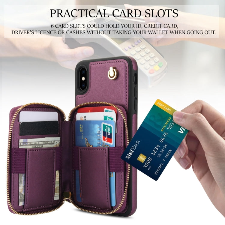 For iPhone XR AwQuer Crossbody Zipper Wallet Rhombic Leather Back Phone Case(Dark Purple)