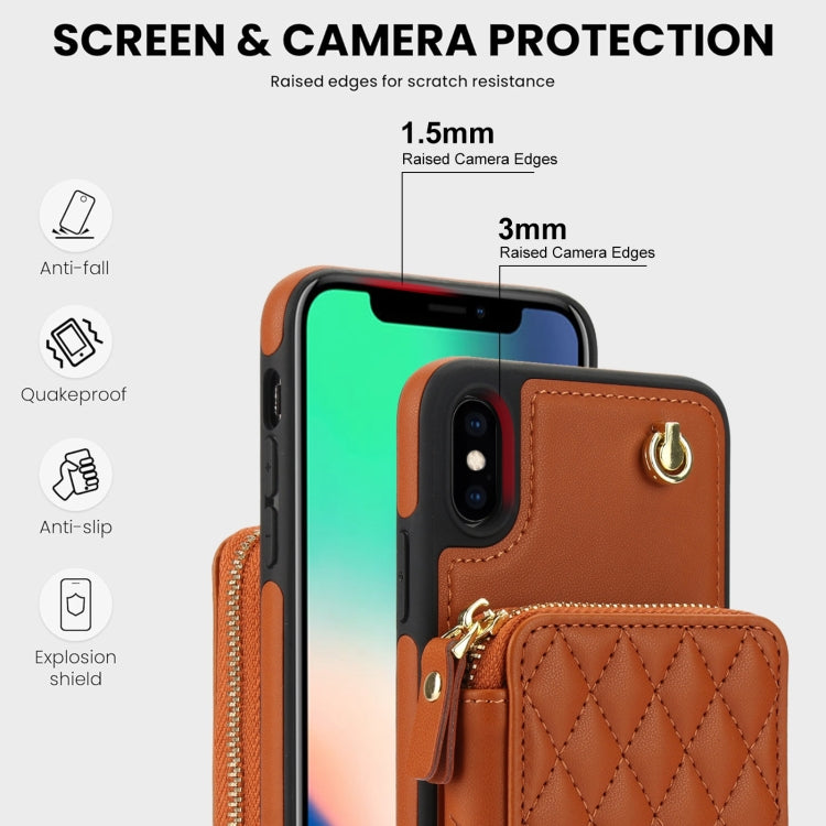For iPhone XR AwQuer Crossbody Zipper Wallet Rhombic Leather Back Phone Case(Brown)
