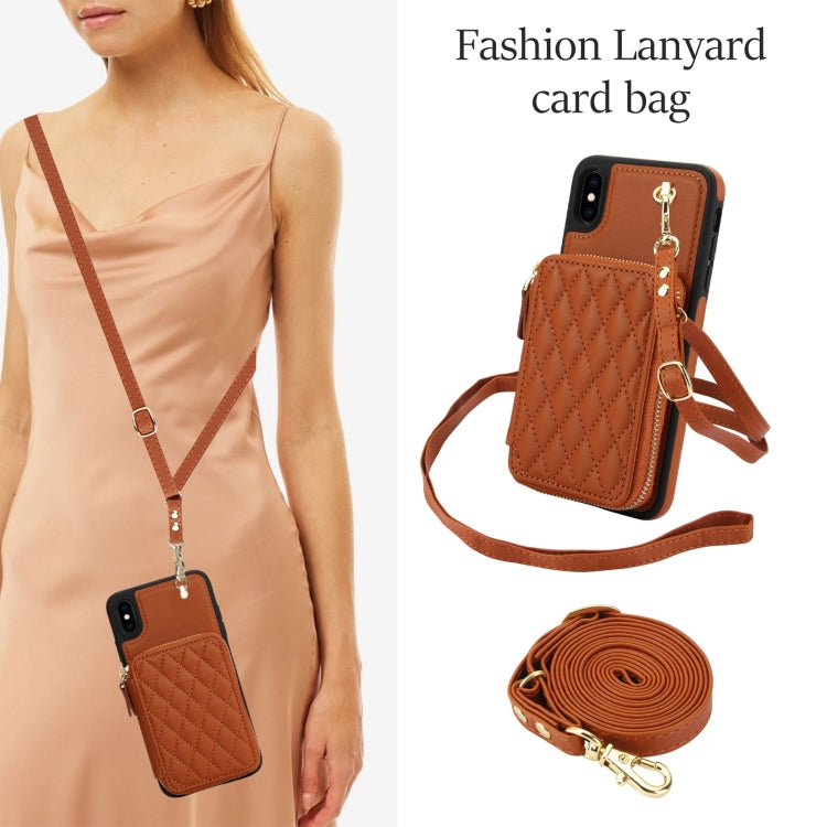 For iPhone XR AwQuer Crossbody Zipper Wallet Rhombic Leather Back Phone Case(Brown)