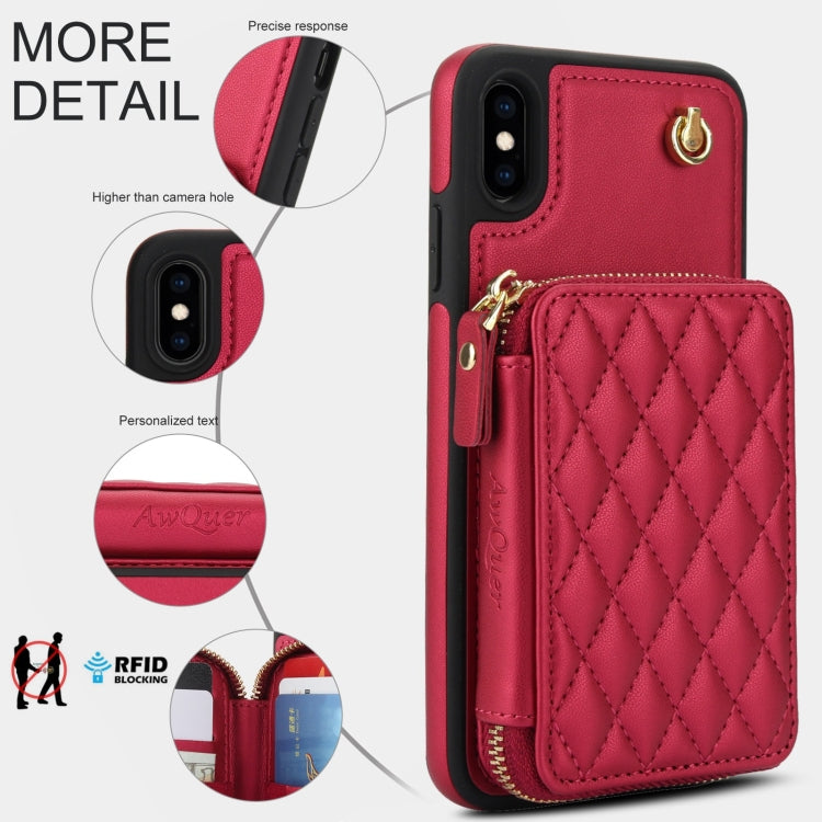 For iPhone XS Max AwQuer Crossbody Zipper Wallet Rhombic Leather Back Phone Case(Red)