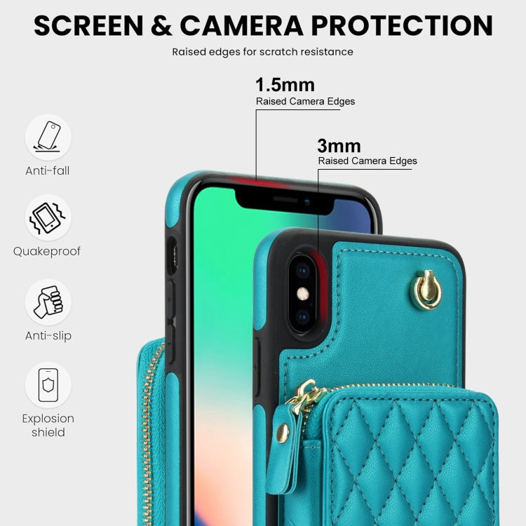 For iPhone XS Max AwQuer Crossbody Zipper Wallet Rhombic Leather Back Phone Case(Green)
