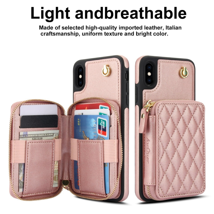 For iPhone XS Max AwQuer Crossbody Zipper Wallet Rhombic Leather Back Phone Case(Rose Gold)