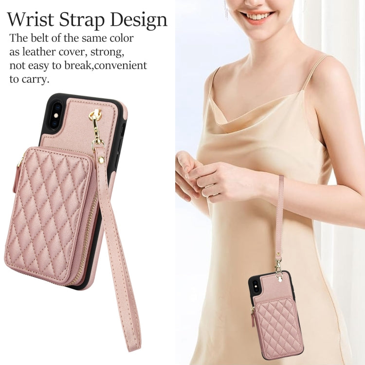 For iPhone XS Max AwQuer Crossbody Zipper Wallet Rhombic Leather Back Phone Case(Rose Gold)