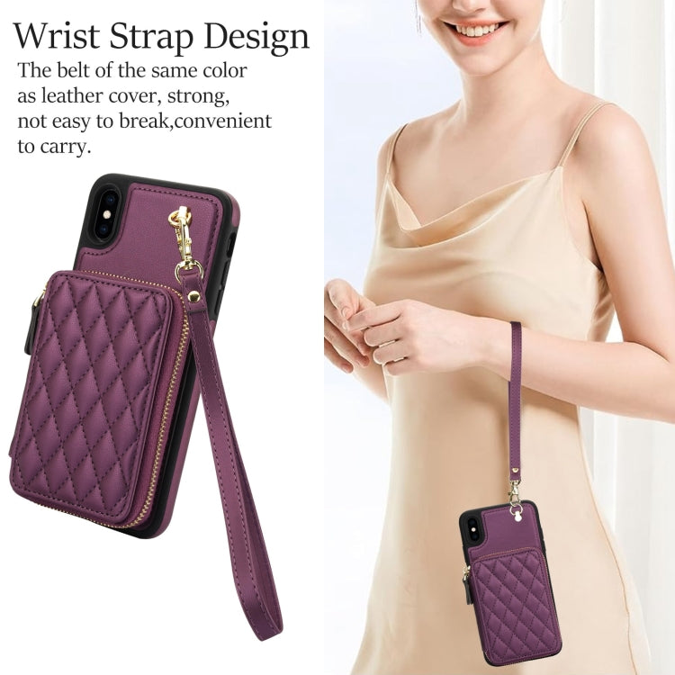 For iPhone XS Max AwQuer Crossbody Zipper Wallet Rhombic Leather Back Phone Case(Dark Purple)