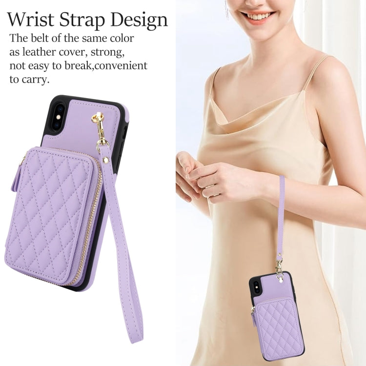 For iPhone XS Max AwQuer Crossbody Zipper Wallet Rhombic Leather Back Phone Case(Purple)