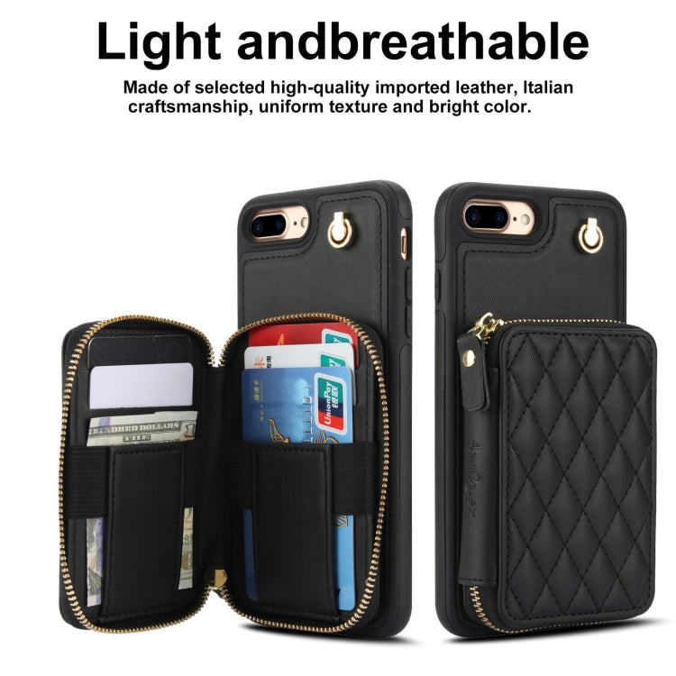 For iPhone 7 Plus / 8 Plus AwQuer Crossbody Zipper Wallet Rhombic Leather Back Phone Case(Black)
