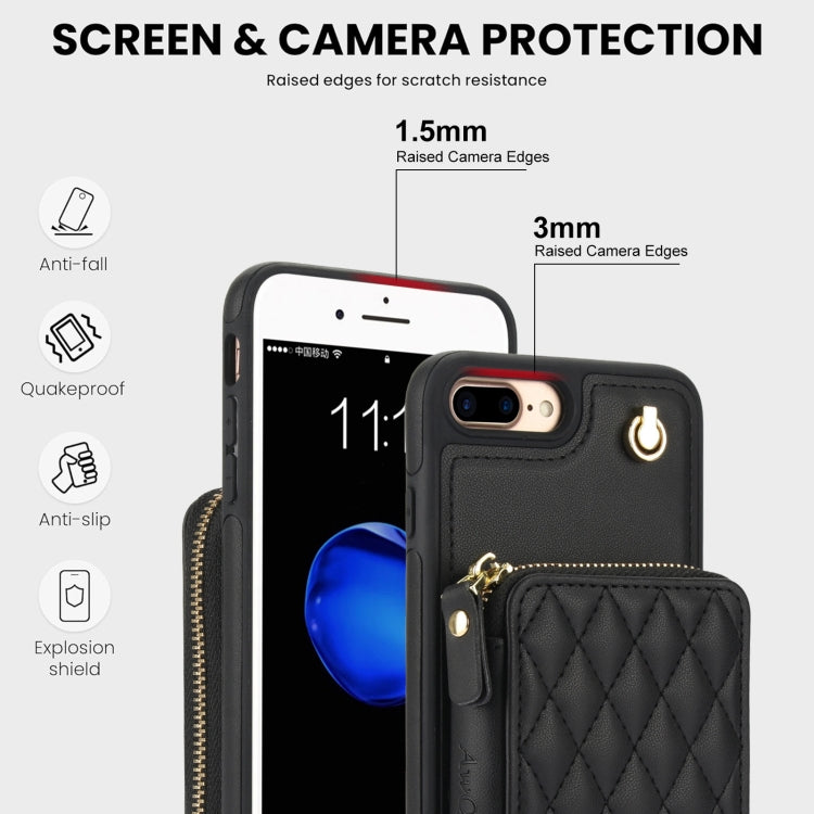 For iPhone 7 Plus / 8 Plus AwQuer Crossbody Zipper Wallet Rhombic Leather Back Phone Case(Black)