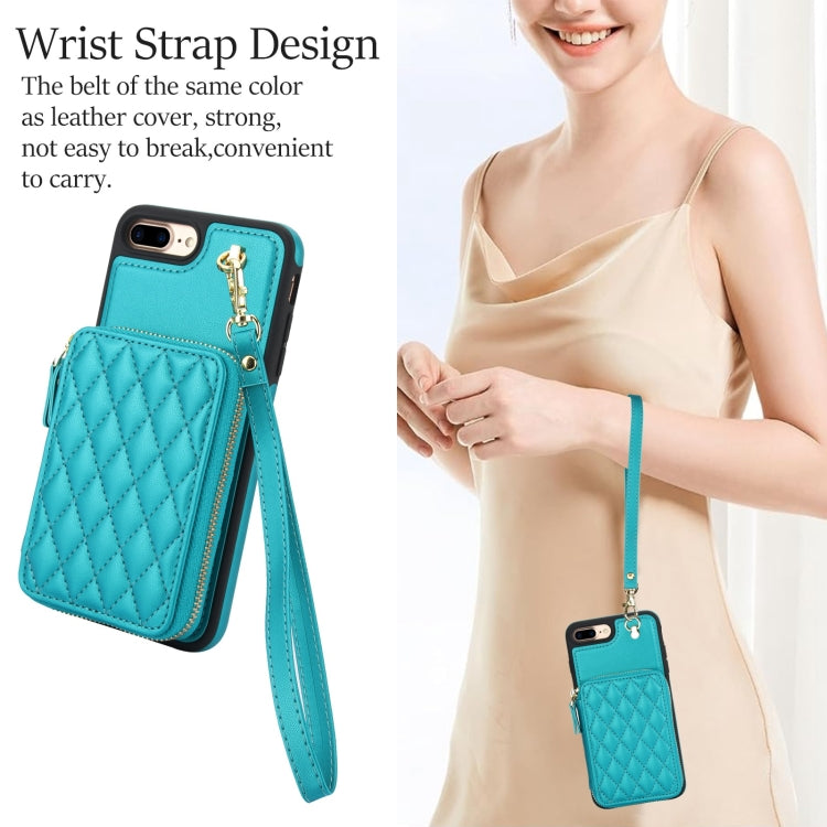 For iPhone 7 Plus / 8 Plus AwQuer Crossbody Zipper Wallet Rhombic Leather Back Phone Case(Green)