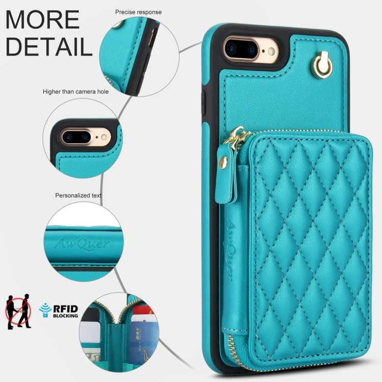 For iPhone 7 Plus / 8 Plus AwQuer Crossbody Zipper Wallet Rhombic Leather Back Phone Case(Green)