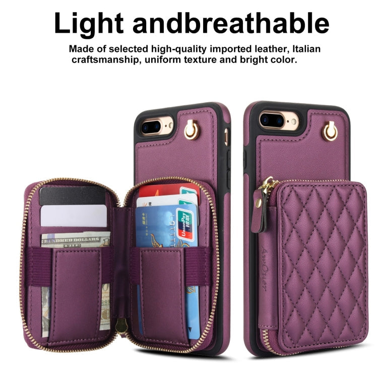 For iPhone 7 Plus / 8 Plus AwQuer Crossbody Zipper Wallet Rhombic Leather Back Phone Case(Dark Purple)