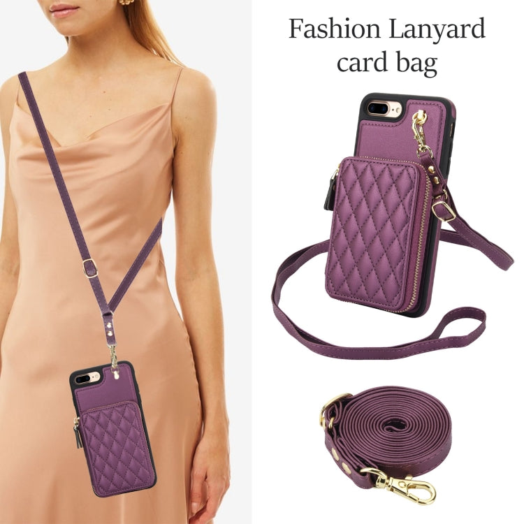 For iPhone 7 Plus / 8 Plus AwQuer Crossbody Zipper Wallet Rhombic Leather Back Phone Case(Dark Purple)