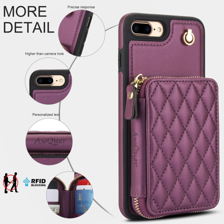 For iPhone 7 Plus / 8 Plus AwQuer Crossbody Zipper Wallet Rhombic Leather Back Phone Case(Dark Purple)