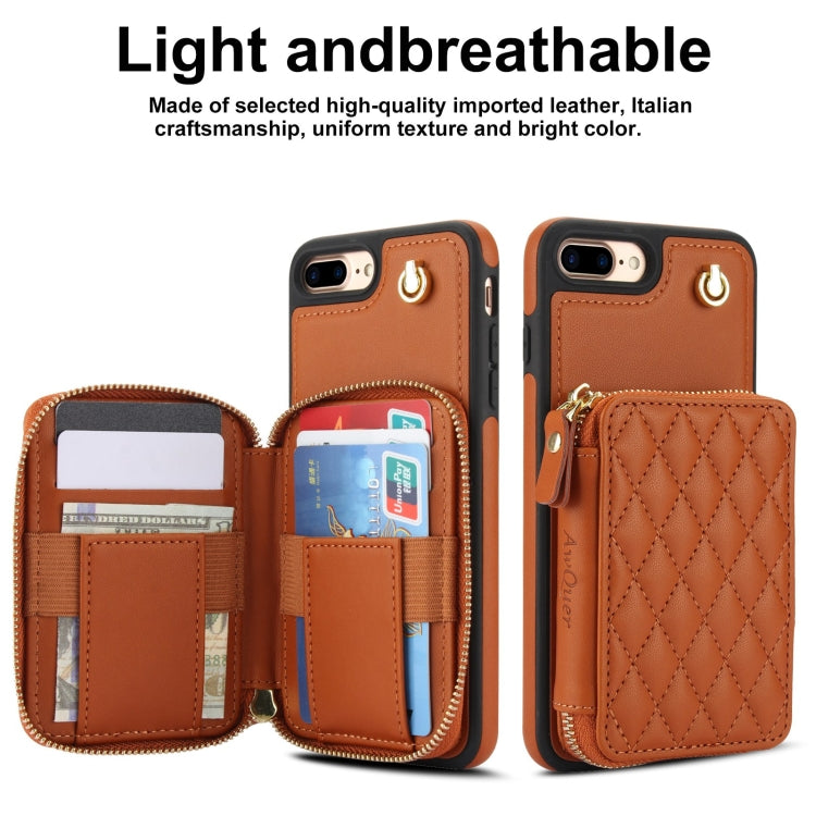 For iPhone 7 Plus / 8 Plus AwQuer Crossbody Zipper Wallet Rhombic Leather Back Phone Case(Brown)