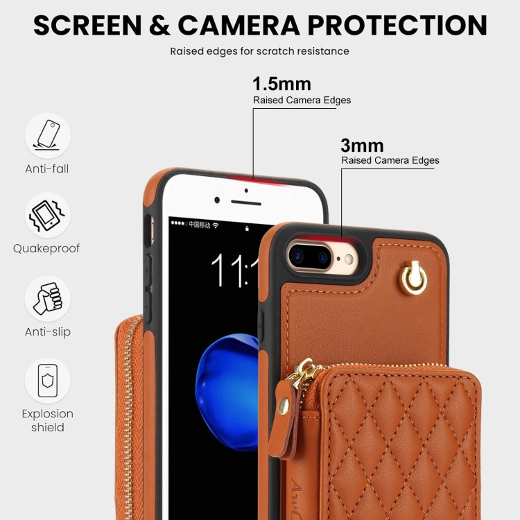 For iPhone 7 Plus / 8 Plus AwQuer Crossbody Zipper Wallet Rhombic Leather Back Phone Case(Brown)