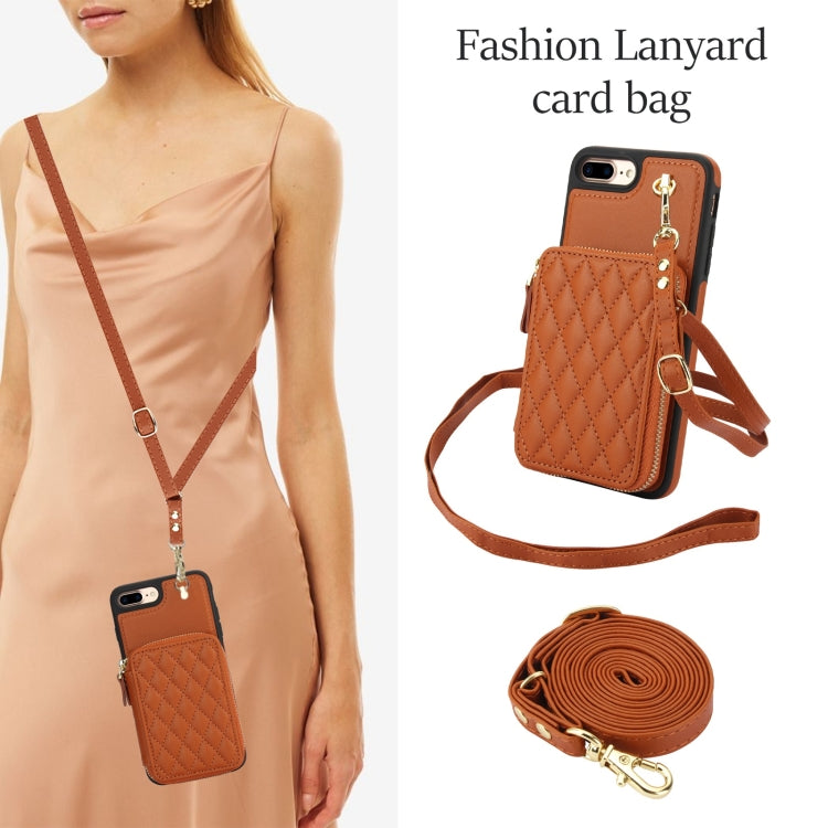 For iPhone 7 Plus / 8 Plus AwQuer Crossbody Zipper Wallet Rhombic Leather Back Phone Case(Brown)