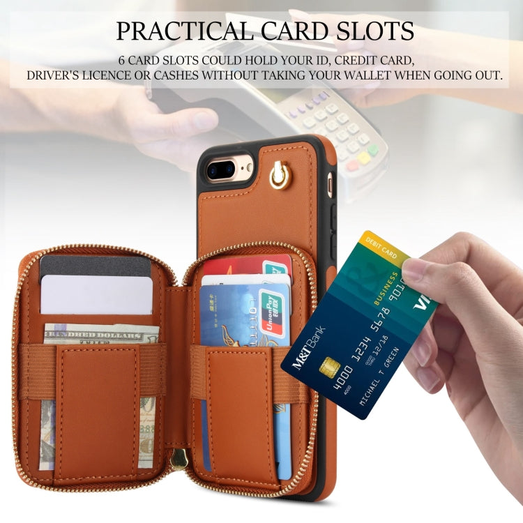 For iPhone 7 Plus / 8 Plus AwQuer Crossbody Zipper Wallet Rhombic Leather Back Phone Case(Brown)