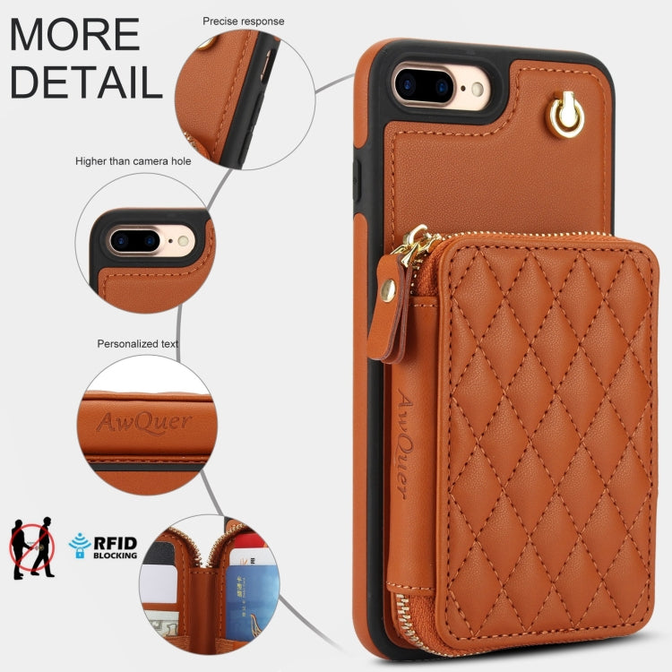 For iPhone 7 Plus / 8 Plus AwQuer Crossbody Zipper Wallet Rhombic Leather Back Phone Case(Brown)