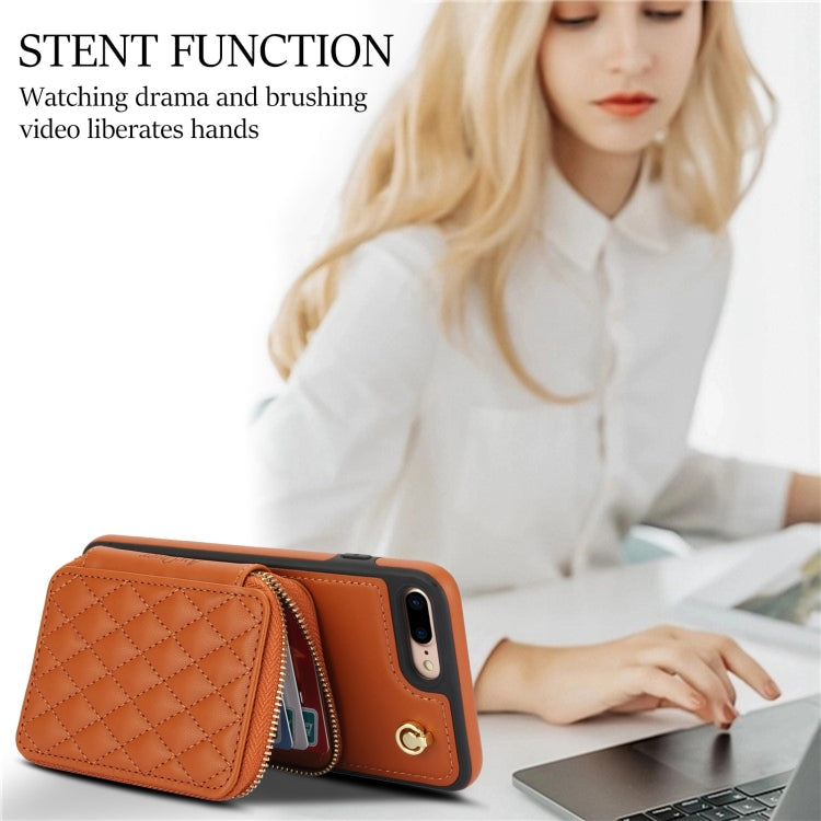 For iPhone 7 Plus / 8 Plus AwQuer Crossbody Zipper Wallet Rhombic Leather Back Phone Case(Brown)