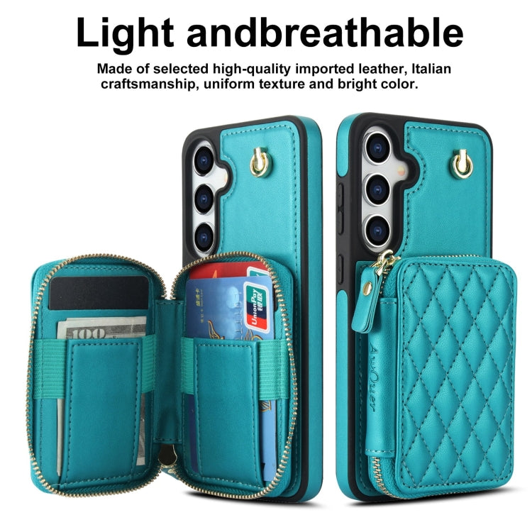 For Samsung Galaxy S24 / S25 5G AwQuer Crossbody Zipper Wallet Rhombic Leather Back Phone Case(Green)