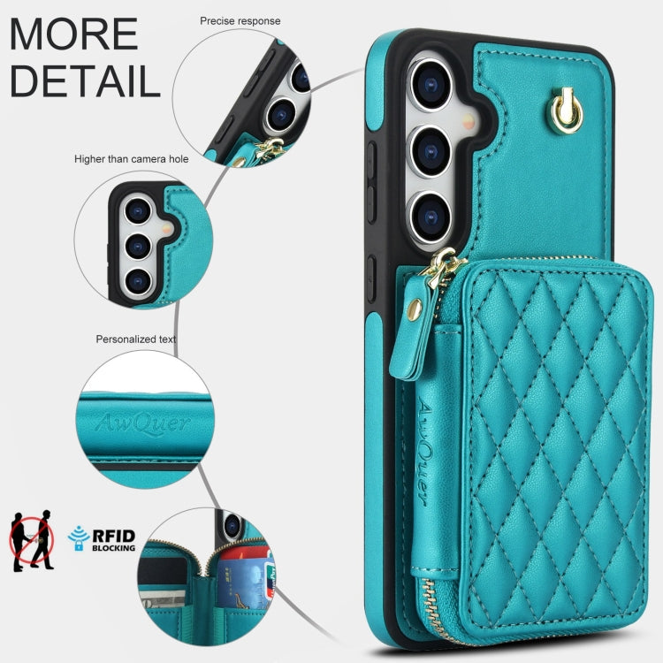 For Samsung Galaxy S24 / S25 5G AwQuer Crossbody Zipper Wallet Rhombic Leather Back Phone Case(Green)