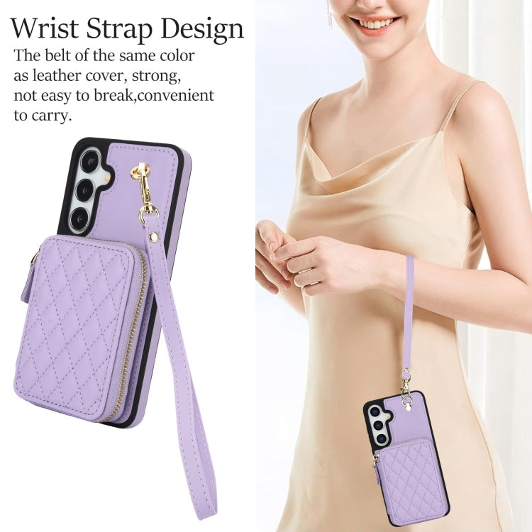 For Samsung Galaxy S24 / S25 5G AwQuer Crossbody Zipper Wallet Rhombic Leather Back Phone Case(Purple)