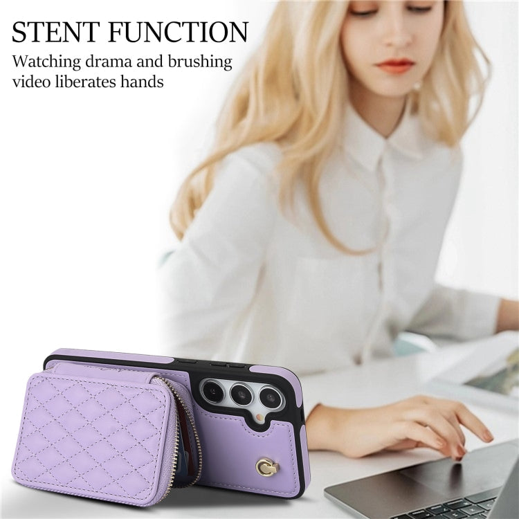 For Samsung Galaxy S24 / S25 5G AwQuer Crossbody Zipper Wallet Rhombic Leather Back Phone Case(Purple)