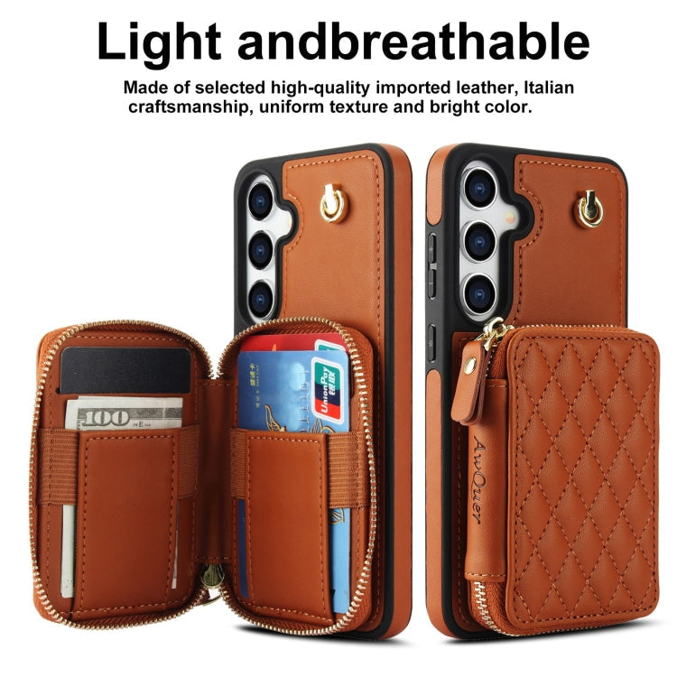 For Samsung Galaxy S24 / S25 5G AwQuer Crossbody Zipper Wallet Rhombic Leather Back Phone Case(Brown)